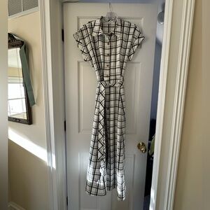 Calvin Klein Windowpane Plaid Button-Front Shirt Dress with Tie Belt